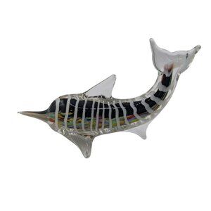 Hand-Blown Murano Style Glass Marlin Sculpture With Multicolor Stripes & Silver